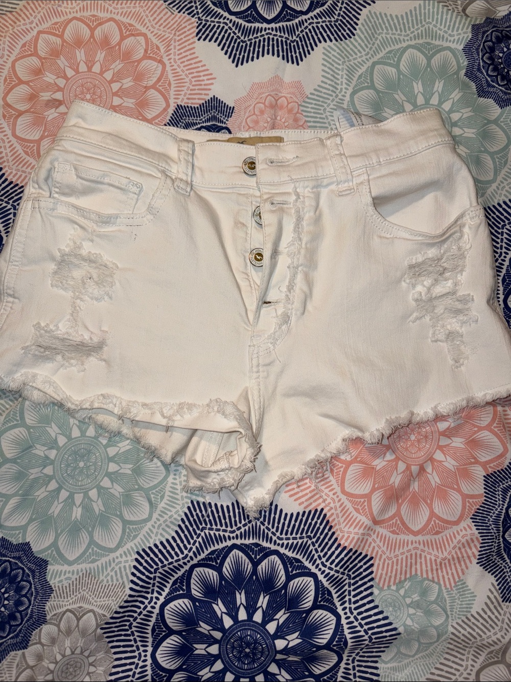Hollister White Distressed High-Rise Jean Shorts